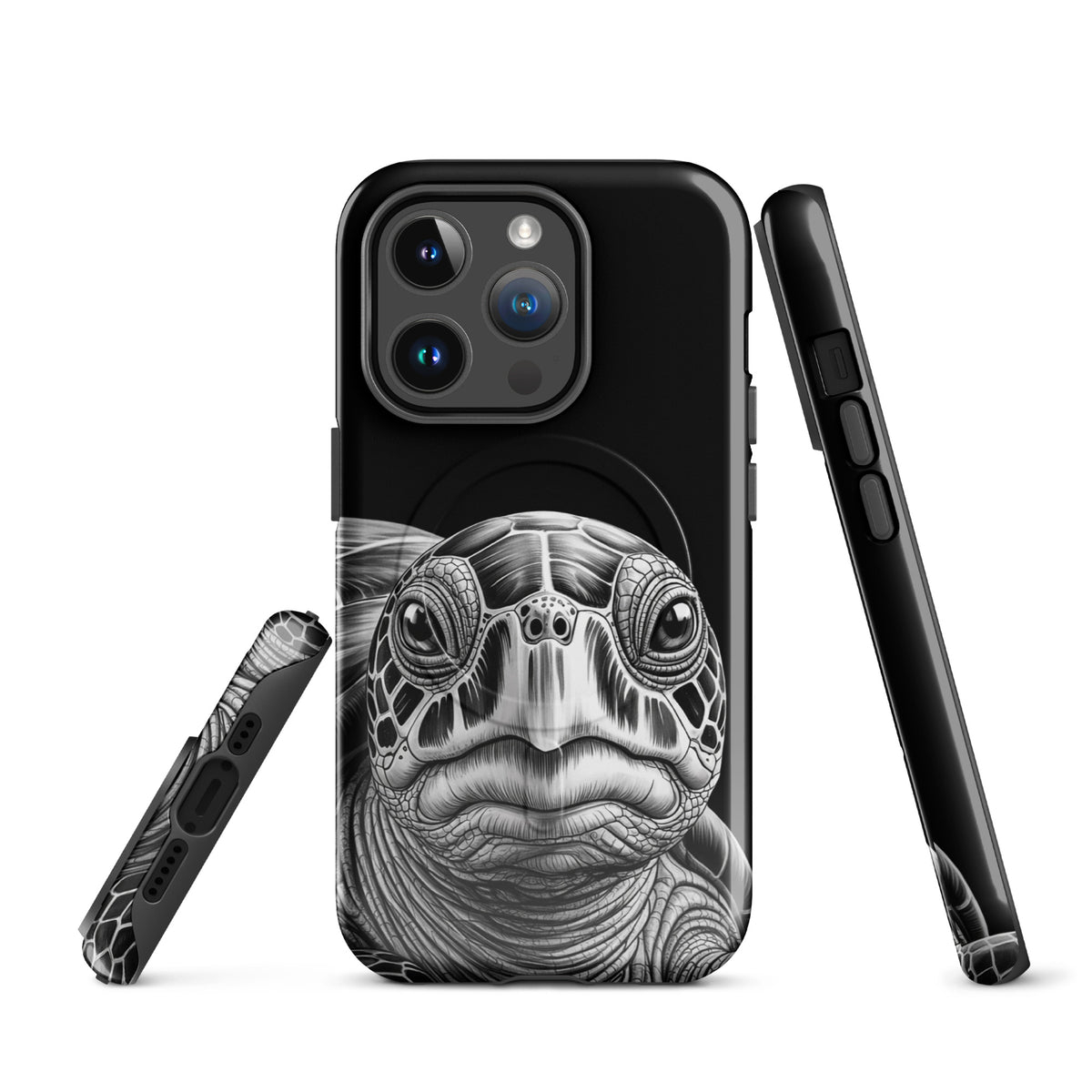 Magnetic Phone Case for iPhone with ancient sea turtle pencil sketch design, offering protection and style.