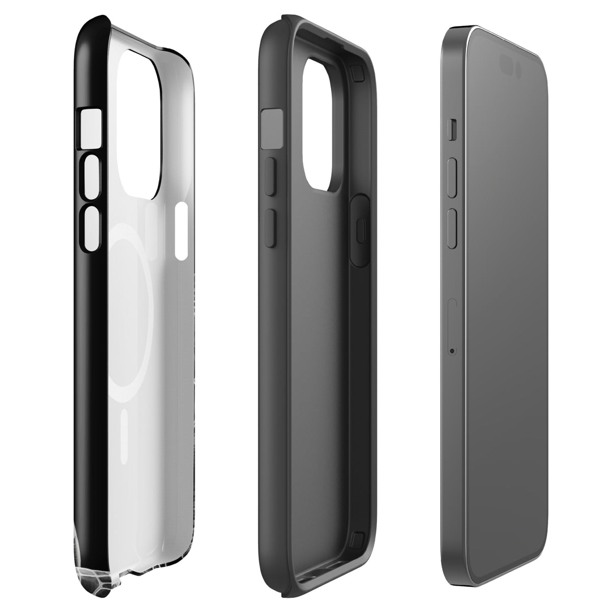 Magnetic Phone Case for iPhone featuring ancient sea turtle art in black-and-white pencil sketch, side and back views shown.