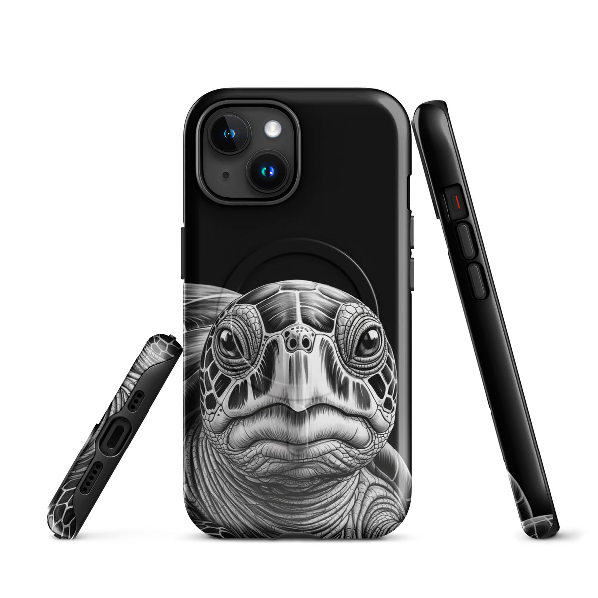 Magnetic Phone Case for iPhone with ancient sea turtle art, showcasing a detailed black-and-white sketch for stylish protection.