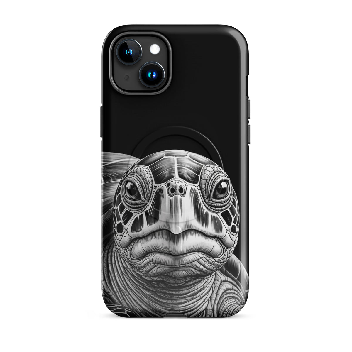 Magnetic Phone Case for iPhone with black-and-white ancient sea turtle art, offering protection and unique style.