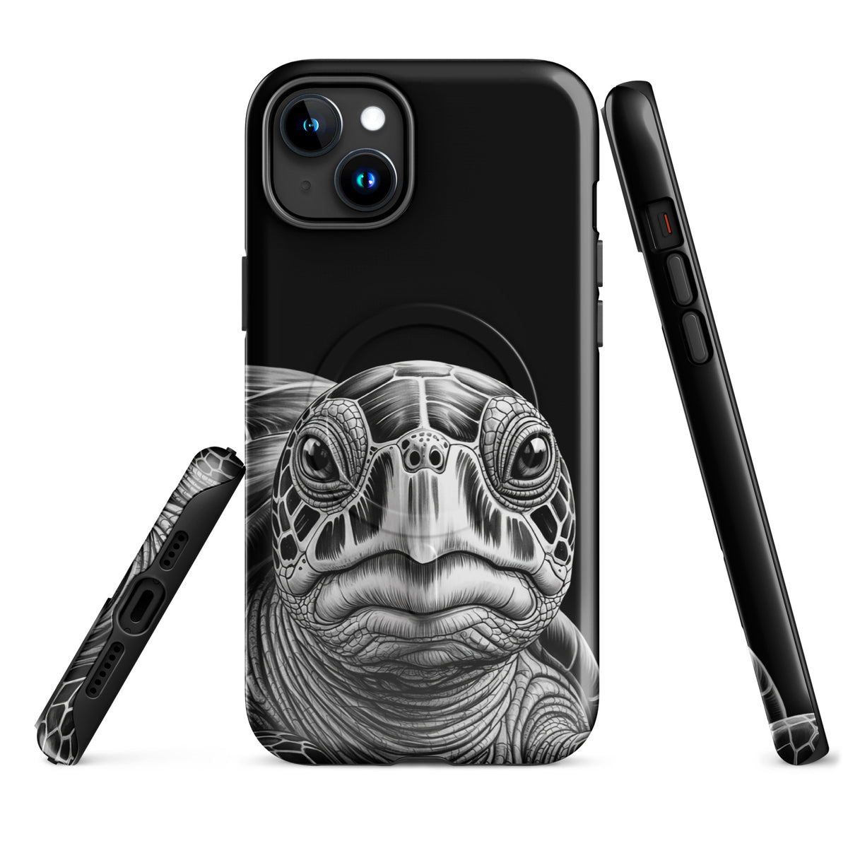 Magnetic Phone Case featuring ancient sea turtle art with a black-and-white pencil sketch for iPhone protection.