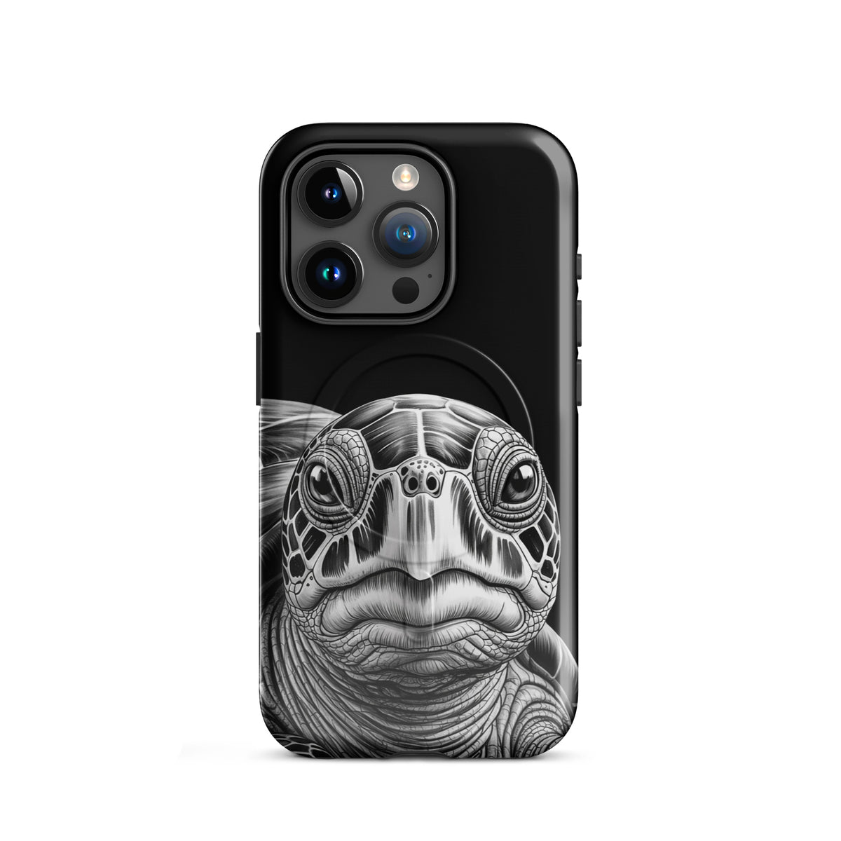 Magnetic Phone Case for iPhone with ancient sea turtle art design in black and white, luxurious and protective