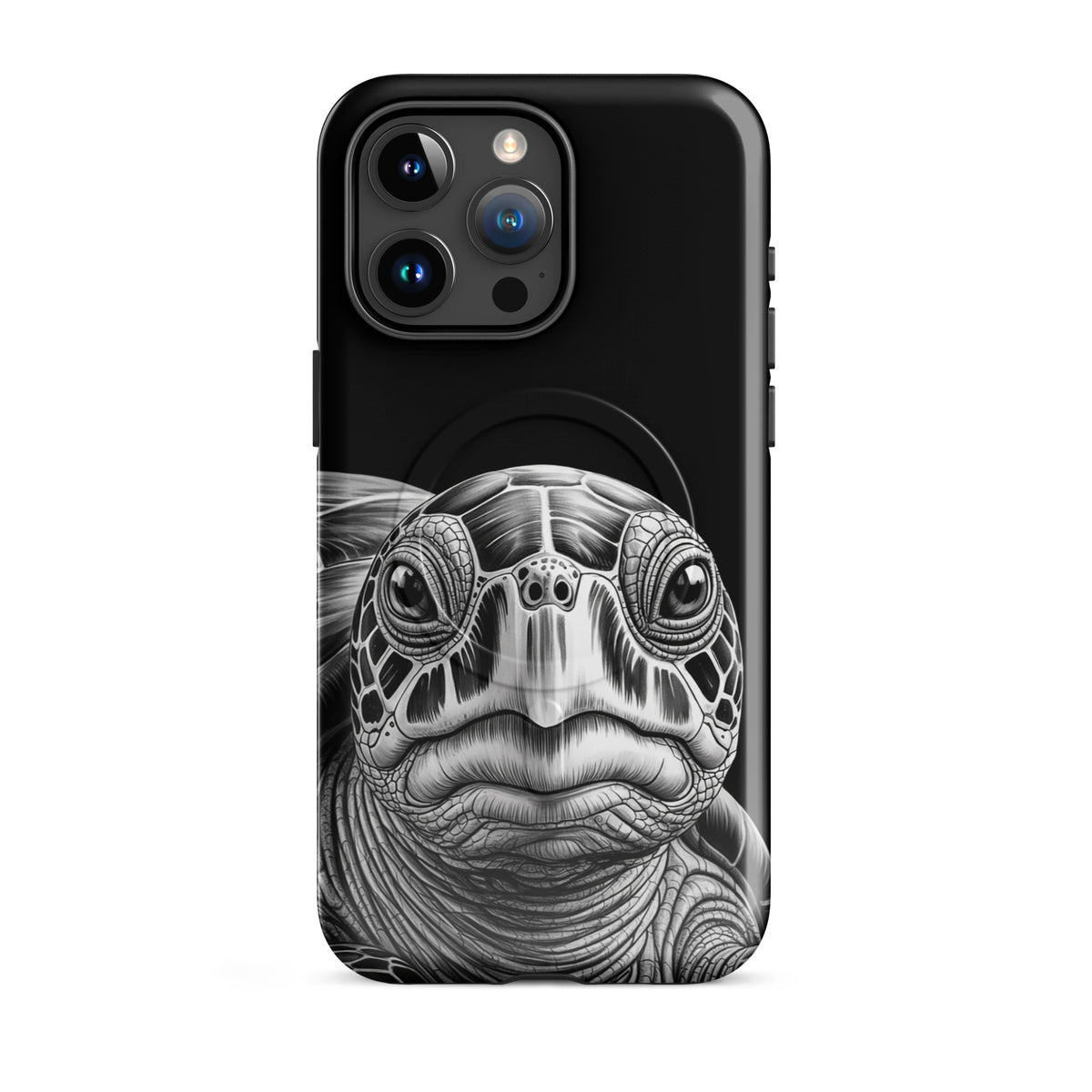 Magnetic Phone Case featuring ancient sea turtle art for iPhone, black-and-white design with intricate shell and gaze details.