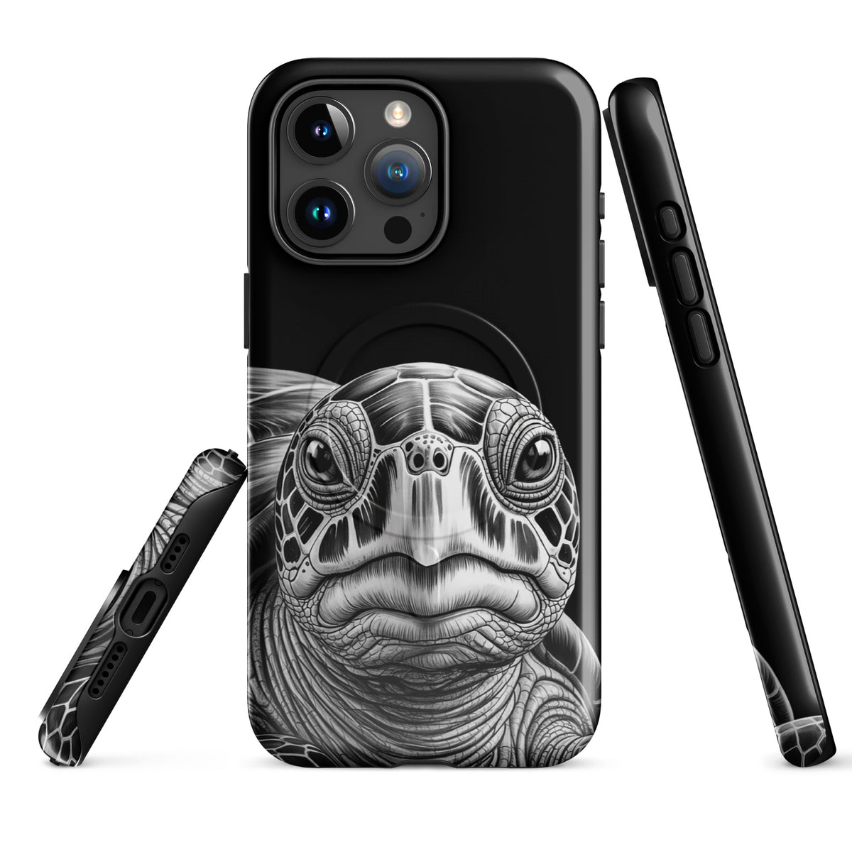 Magnetic Phone Case for iPhone with ancient sea turtle art design in black and white, showcasing a detailed sketch of a turtle head and shell.