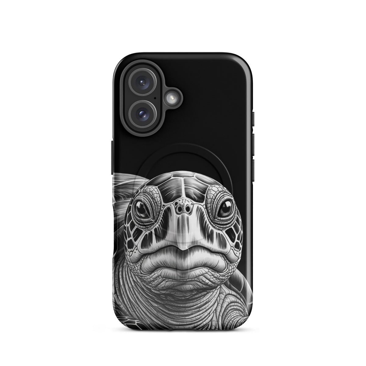 Magnetic Phone Case with black-and-white sea turtle art for iPhone, showcasing detailed turtle design for protection and style.