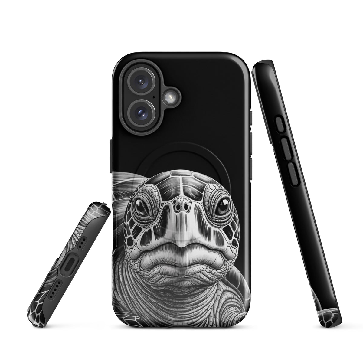 Magnetic Phone Case for iPhone with ancient sea turtle art design in black and white pencil sketch