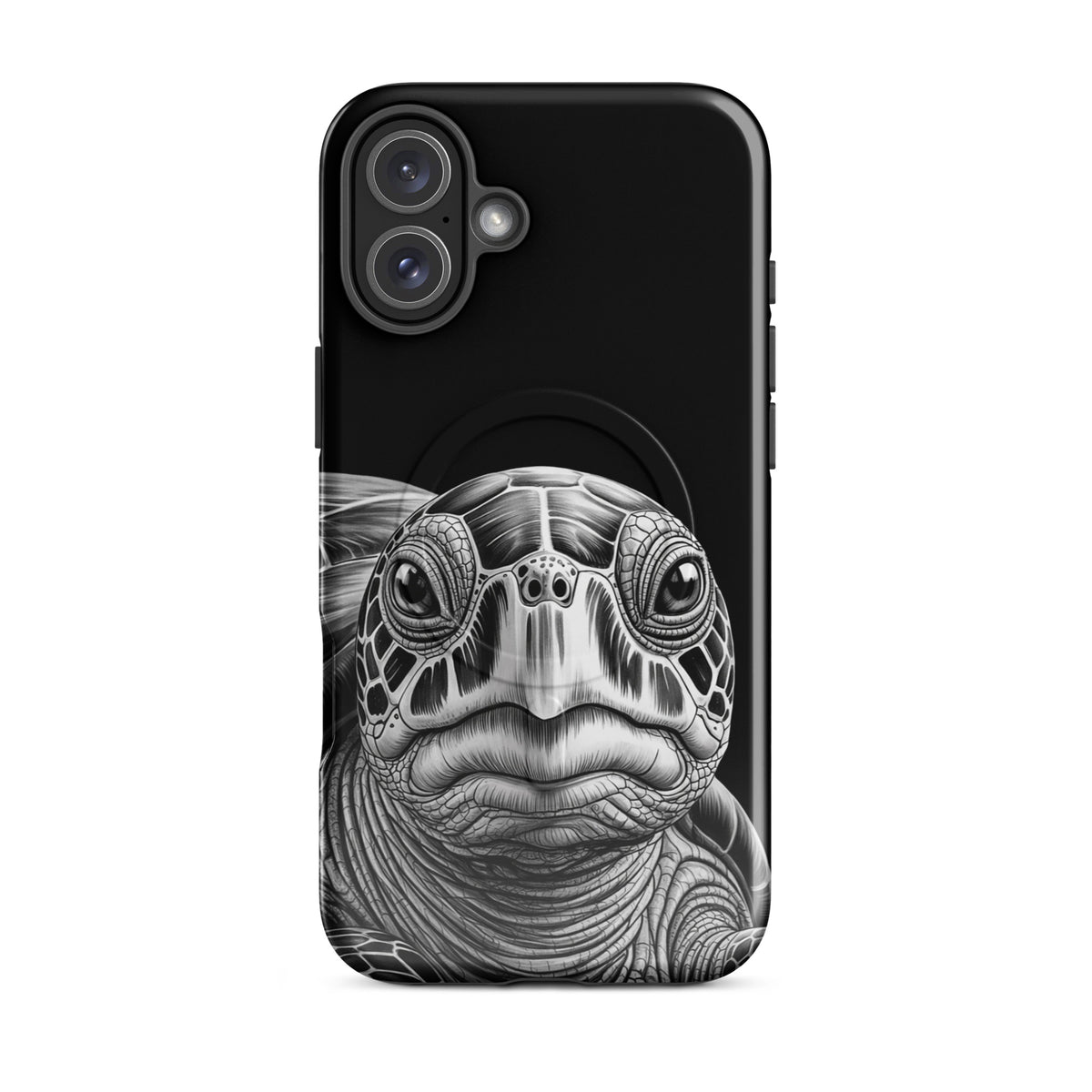 Magnetic Phone Case for iPhone featuring ancient sea turtle art in black and white, showcasing intricate detail and protection.