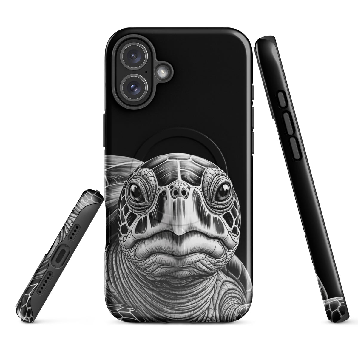 Magnetic Phone Case with ancient sea turtle art design, featuring realistic pencil sketch for iPhone protection.