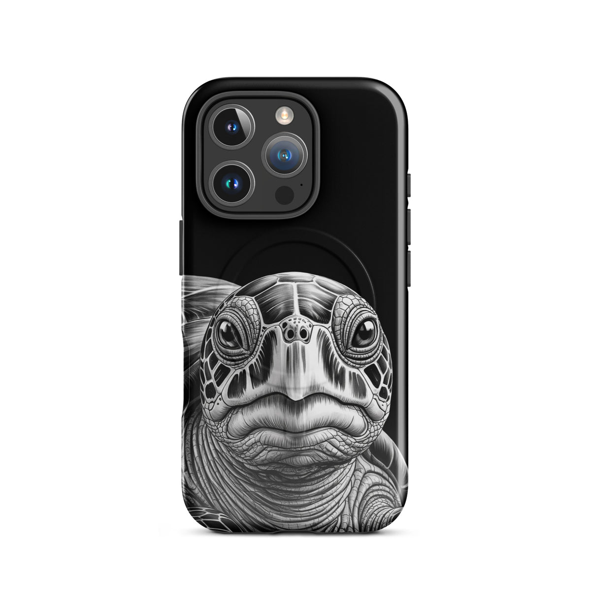 Magnetic Phone Case with ancient sea turtle art for iPhone protection, featuring a detailed black-and-white turtle sketch.