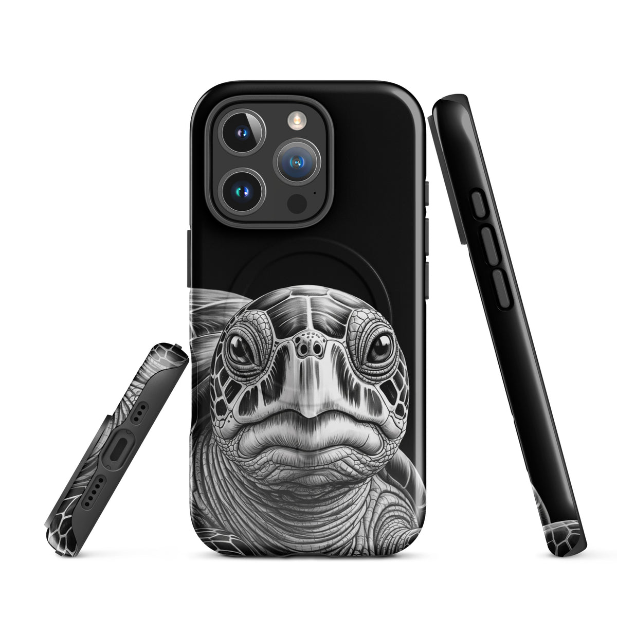 Magnetic Phone Case featuring ancient sea turtle art for iPhone showcasing detailed pencil sketch design.