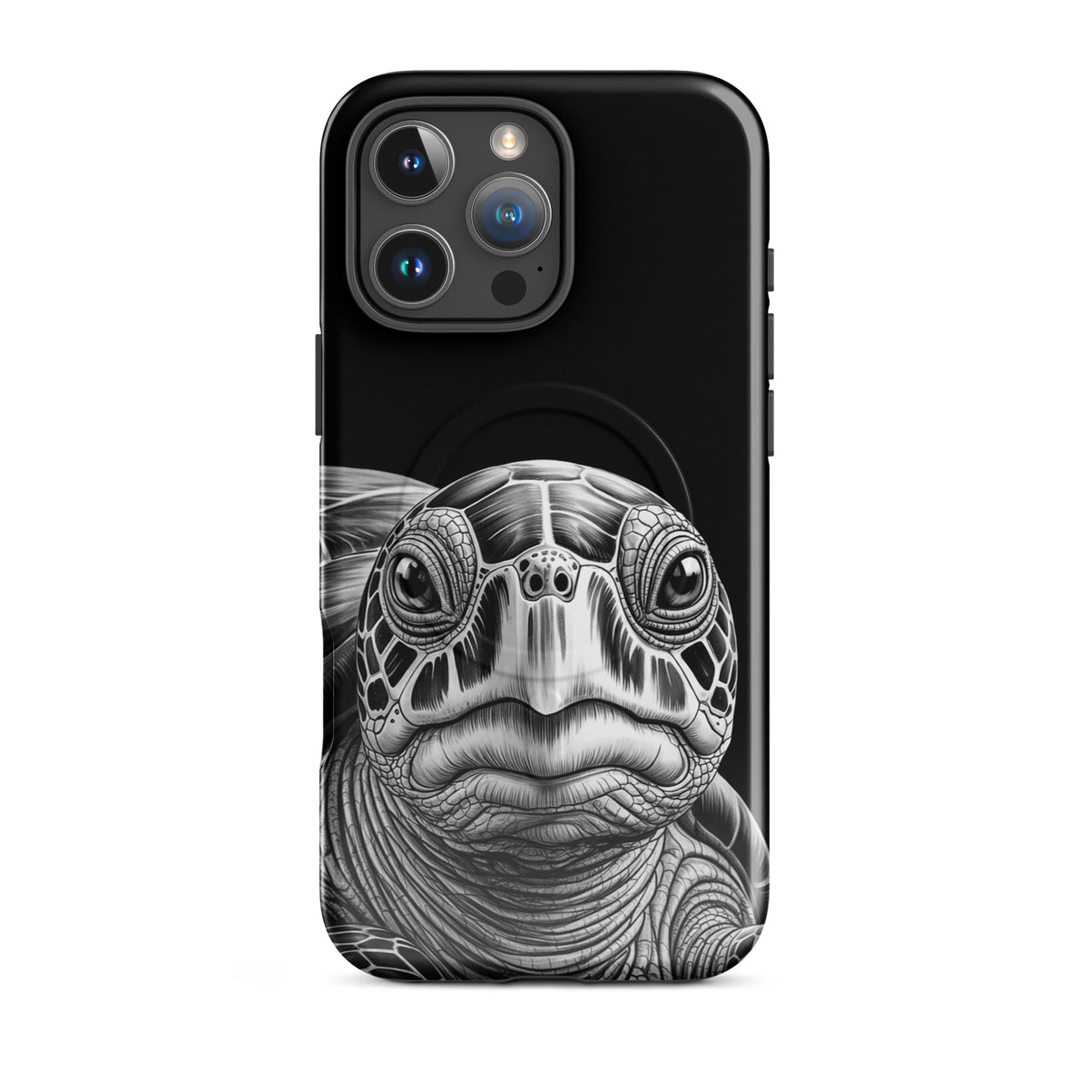 Magnetic Phone Case for iPhone with ancient sea turtle art in black and white pencil sketch for stylish protection and luxury.