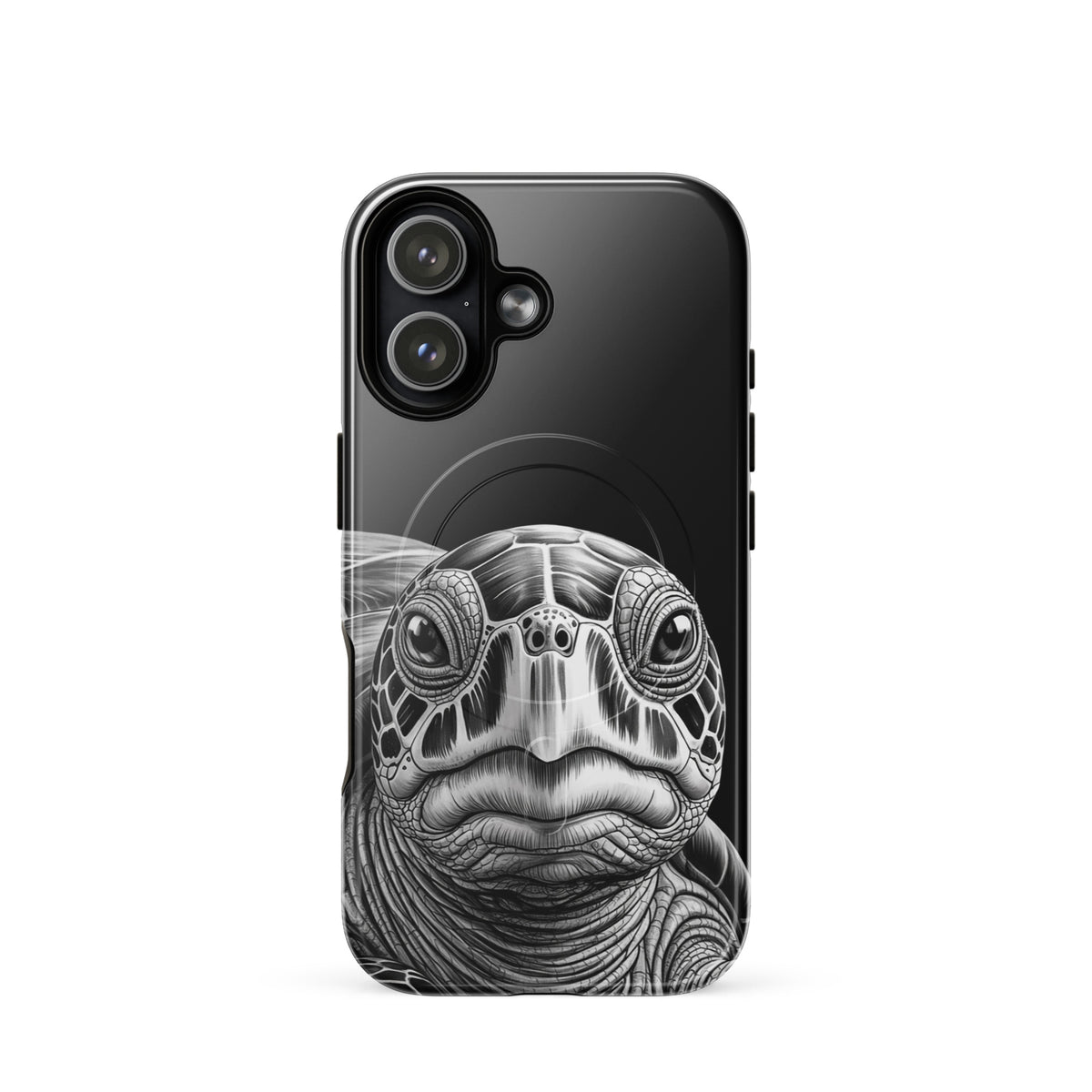 Magnetic Phone Case with black-and-white ancient sea turtle art design for iPhone protection featuring intricate shell details.