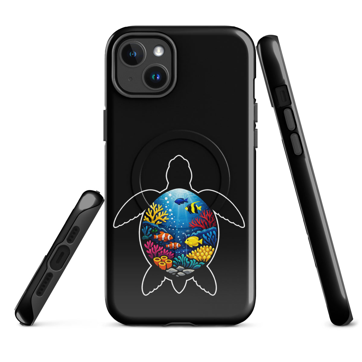 Magnetic Phone Case with vibrant sea turtle reef design, showcasing ocean-inspired colors and durable protection for iPhone.
