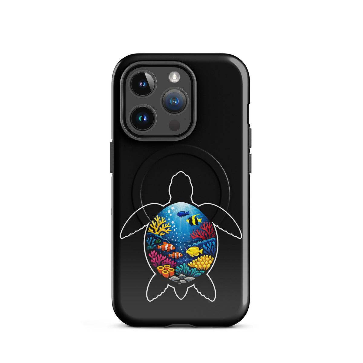 Magnetic Phone Case with vibrant sea turtle and coral reef design for iPhone, showcasing ocean-inspired protection and style.