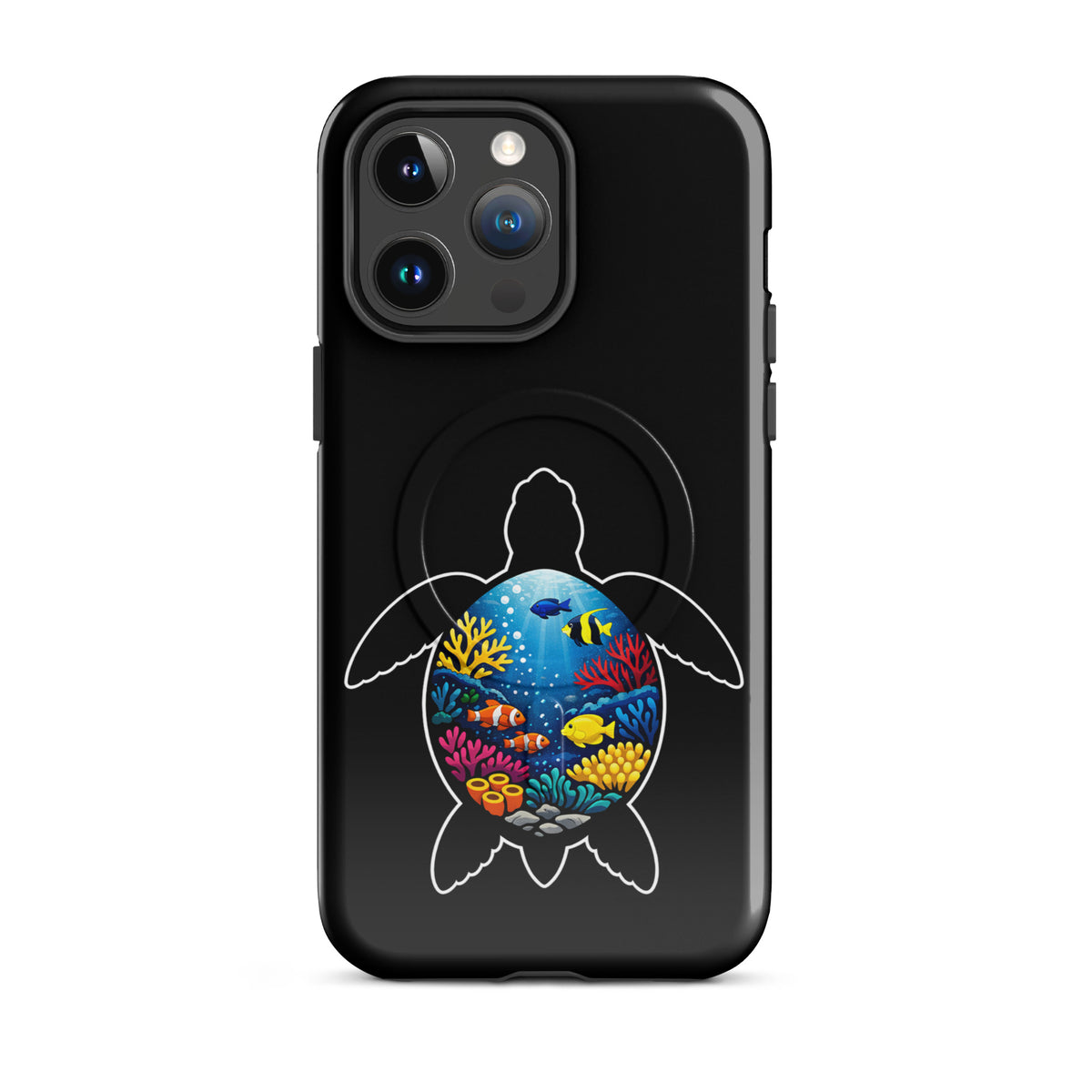 Magnetic Phone Case with sea turtle reef design for iPhone, featuring ocean-inspired art and colorful coral scene, offering style and protection.