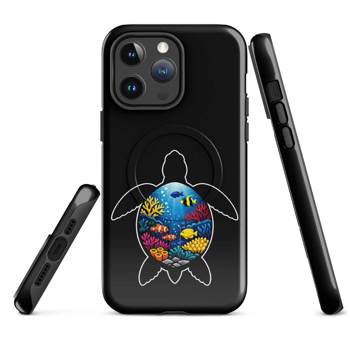Magnetic Phone Case for iPhone with vibrant sea turtle reef design, showcasing marine life and coral reef scene for style and protection.