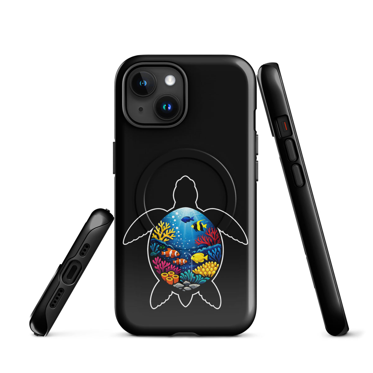 Magnetic Phone Case featuring vibrant sea turtle reef design for iPhone, offering style and protection with marine life illustration.