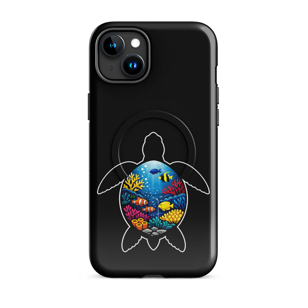 Magnetic Phone Case with vibrant sea turtle and coral reef design for iPhone, showcasing marine life artistry and durability.