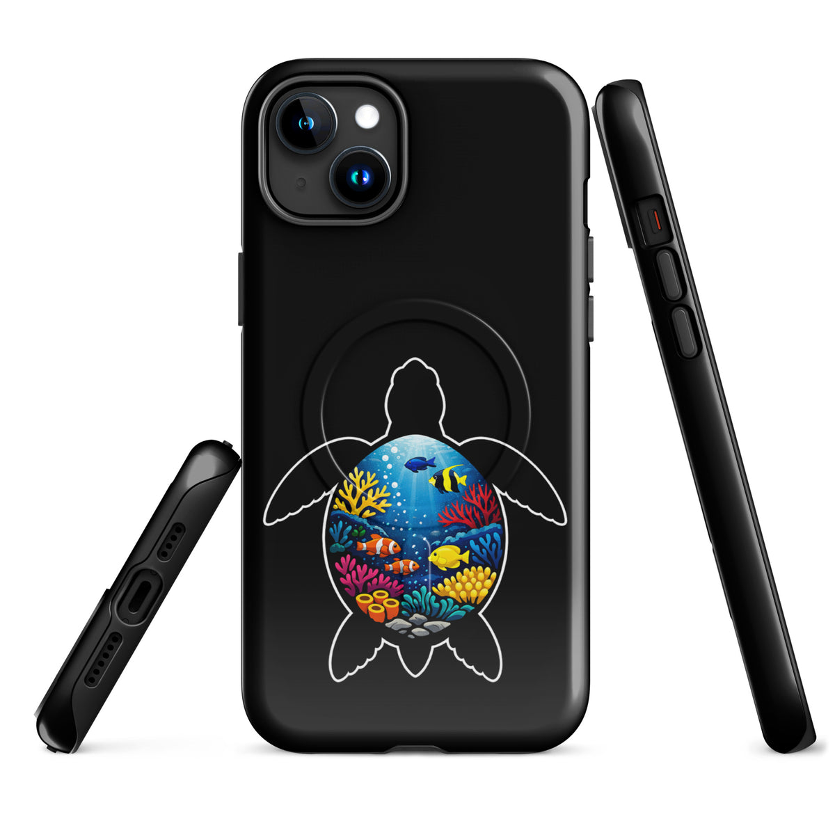 Magnetic Phone Case for iPhone with colorful sea turtle and coral reef design, offering ocean-inspired style and protection.