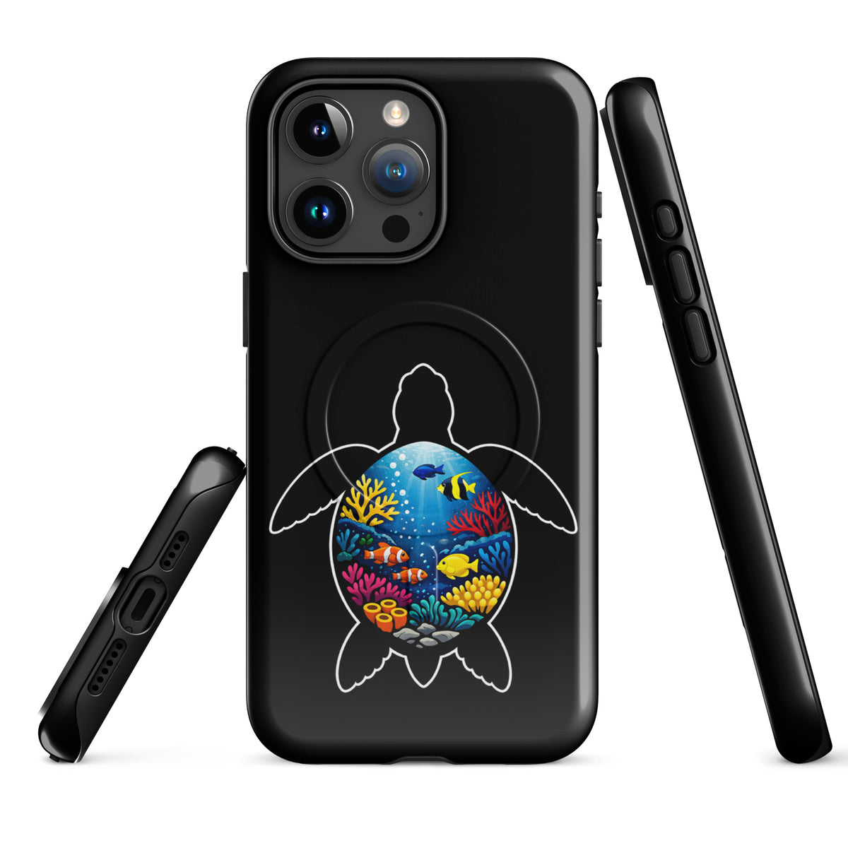 Magnetic Phone Case for iPhone with vibrant sea turtle reef design, featuring colorful coral and marine life illustration.