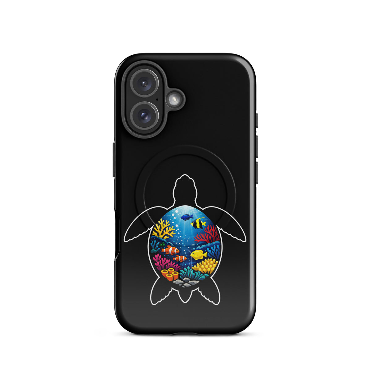 Magnetic Phone Case for iPhone with vibrant sea turtle and coral reef design, showcasing marine life and colorful ocean-inspired style.