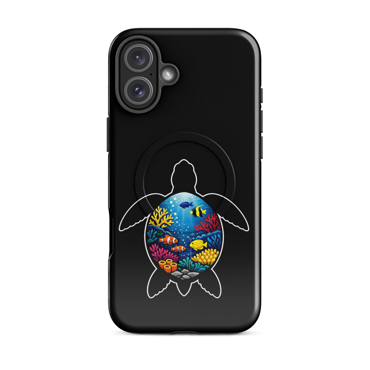 Magnetic Phone Case for iPhone featuring vibrant sea turtle reef design with colorful coral and marine life illustration.