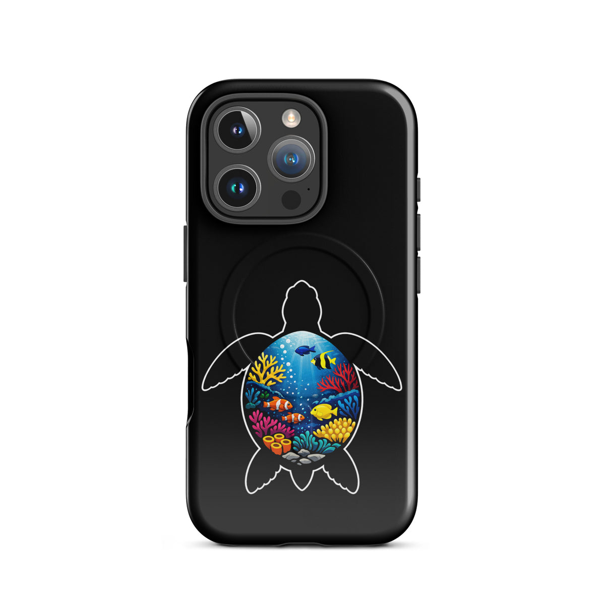 Magnetic Phone Case for iPhone with vibrant sea turtle reef design, showcasing colorful marine life illustration on durable cover.