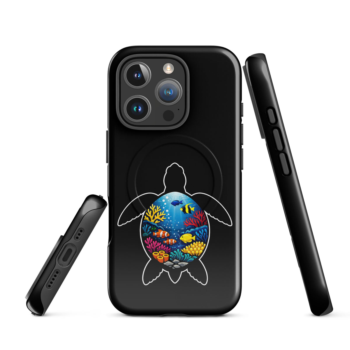 Magnetic Phone Case for iPhone with vibrant sea turtle and coral reef design, offering stylish protection and marine life art.
