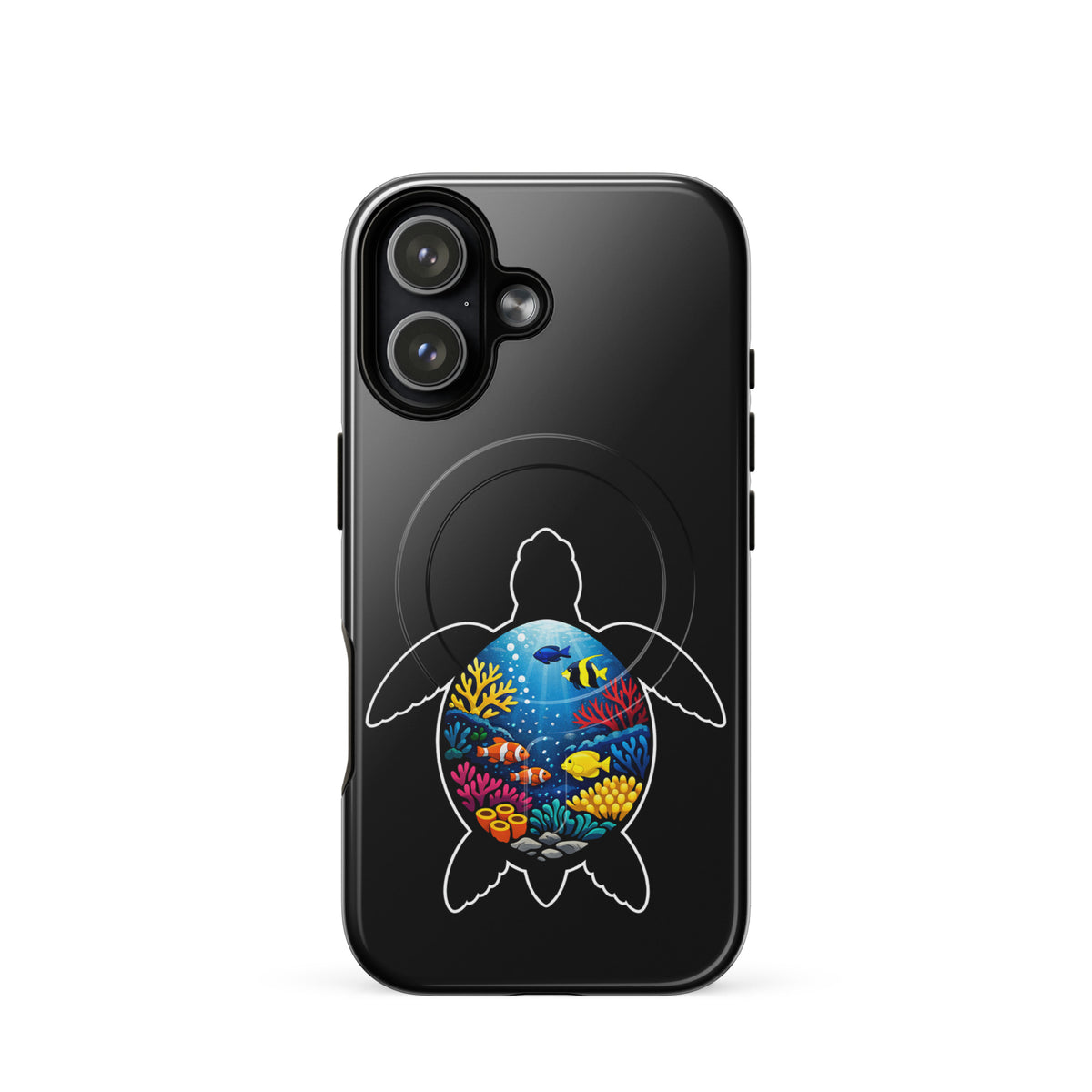 Magnetic Phone Case for iPhone with vibrant sea turtle reef design featuring colorful coral and marine life.