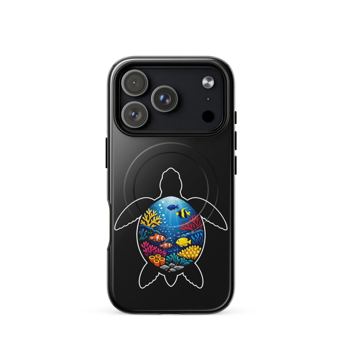 Magnetic Phone Case for iPhone with vibrant sea turtle reef design, showcasing ocean-inspired coral and marine life.