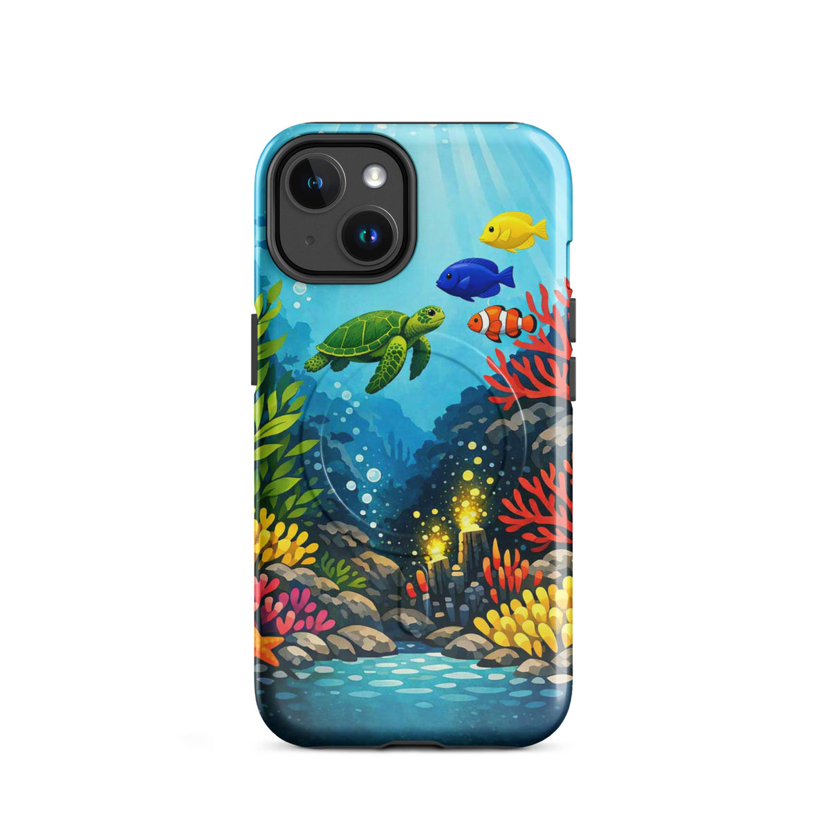 Magnetic Phone Case with vibrant sea turtle and coral reef design for iPhone, blending art with rugged protection.