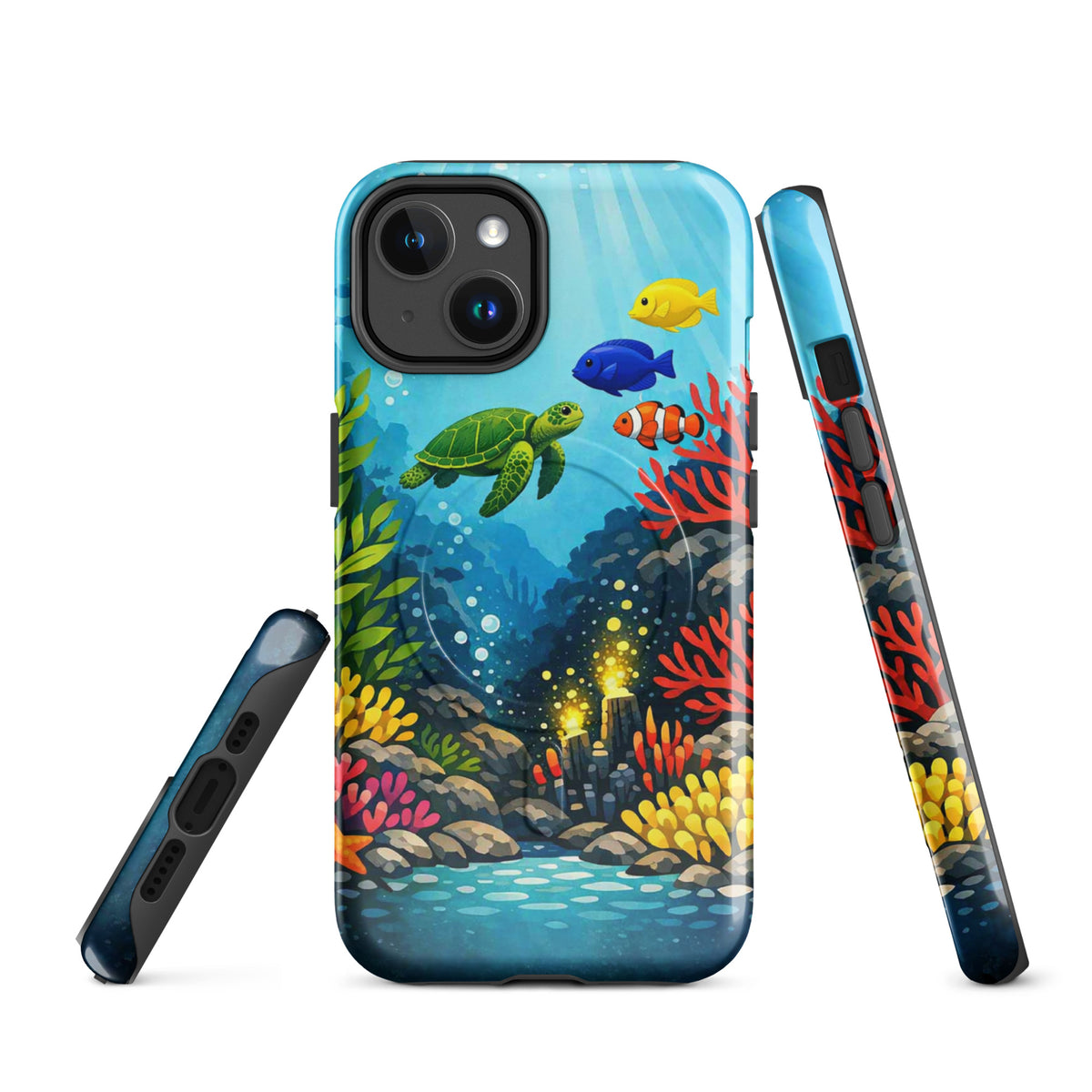 Magnetic Phone Case with vibrant sea turtle and coral reef design for iPhone.