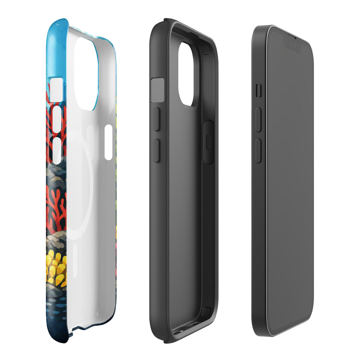 Magnetic Phone Case with vibrant sea turtle and coral reef design for iPhone, showing side and inner views.