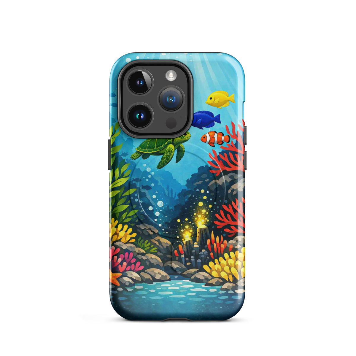 Magnetic Phone Case with vibrant sea turtle and coral reef design for iPhone protection.