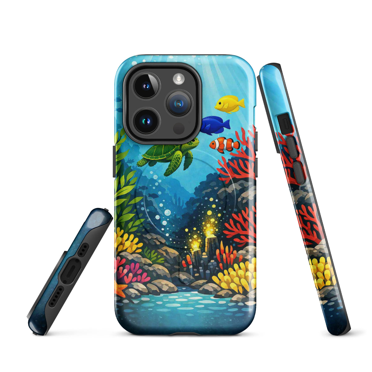 Magnetic Phone Case with sea turtle and coral reef design, vibrant colors, fits iPhone, ocean-themed, marine life lovers, protective cover.