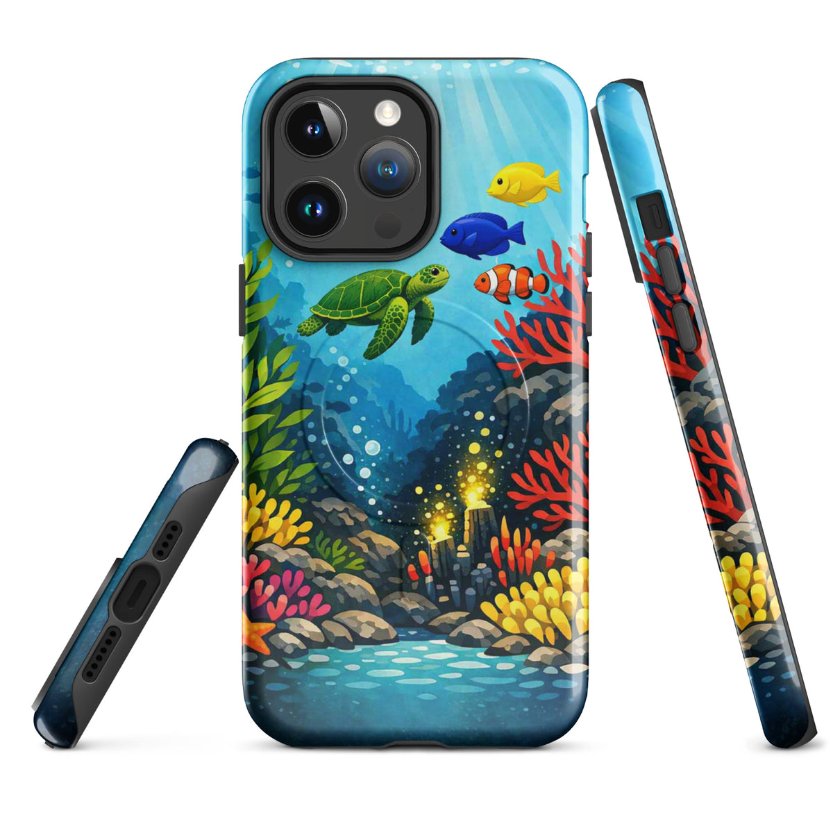 Magnetic Phone Case with sea turtle and coral reef design for iPhone; vibrant ocean-themed protection