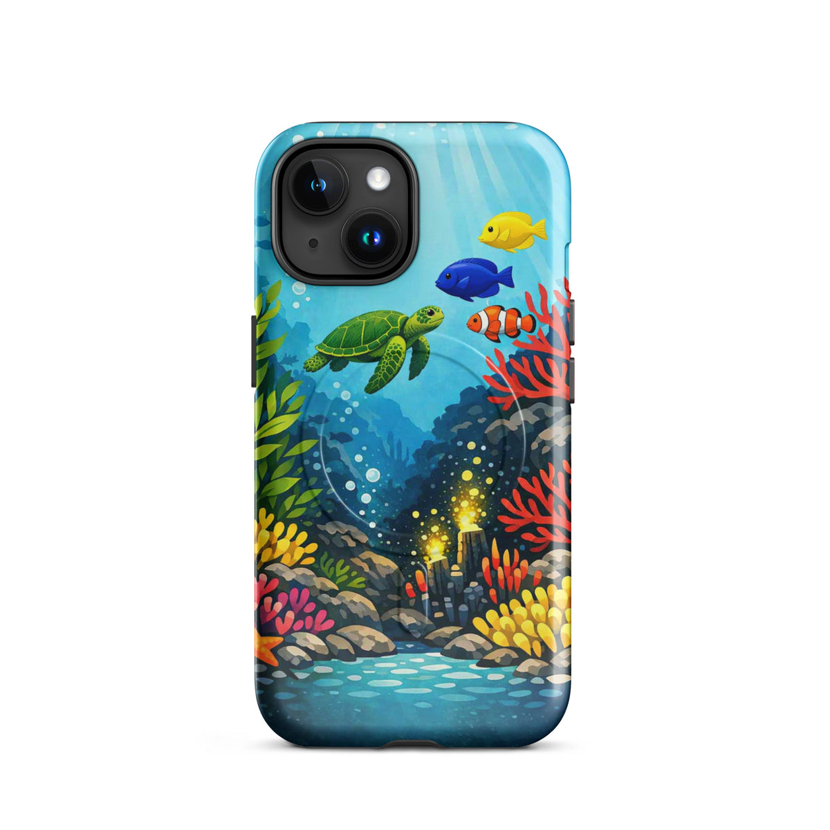 Magnetic Phone Case with vibrant sea turtle and coral reef design for iPhone, showcasing colorful marine life and underwater scenery.
