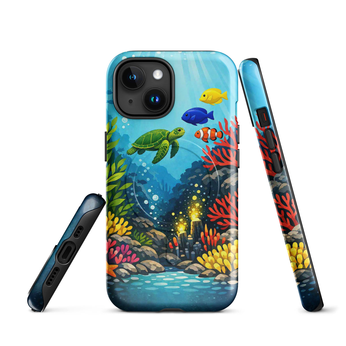 Magnetic Phone Case with vibrant sea turtle and coral reef design for iPhone, colorful underwater scene, marine life artistry.