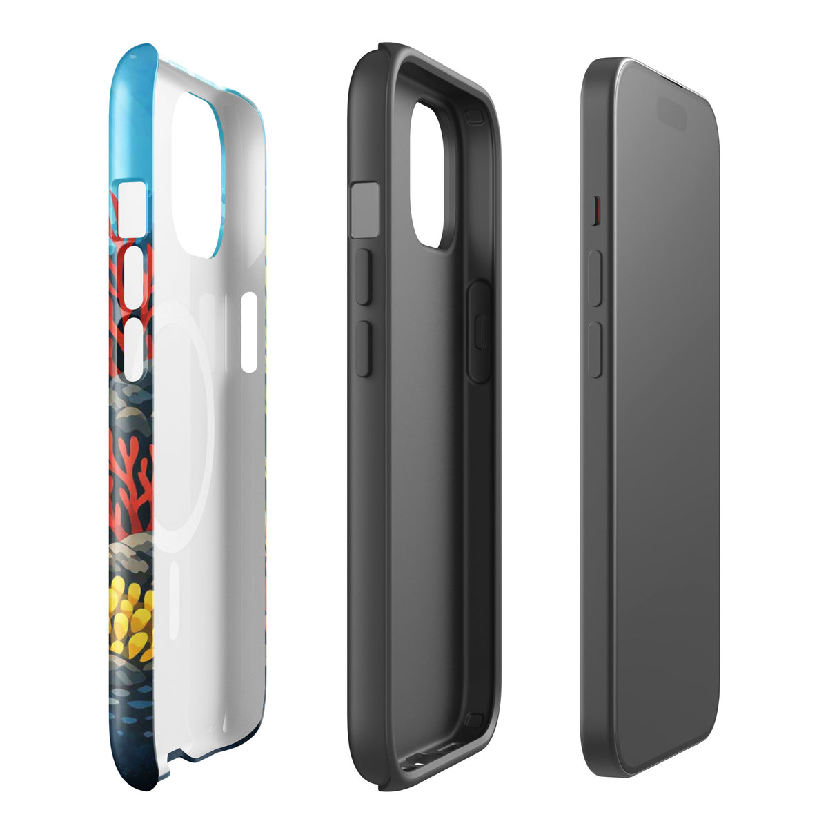 Magnetic Phone Case with vibrant sea turtle and coral reef design, protective and artistic, side views for iPhone.