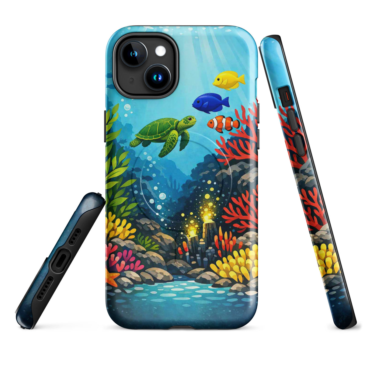 Magnetic Phone Case with vibrant sea turtle and coral reef design, colorful marine life illustration for iPhone.