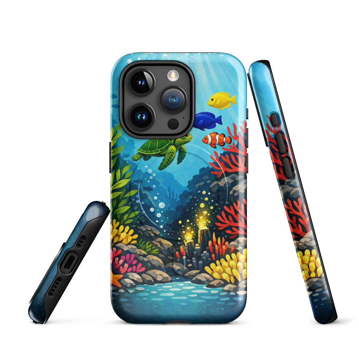 Magnetic Phone Case featuring a vibrant sea turtle and coral reef design, showcasing bold colors and ocean art.