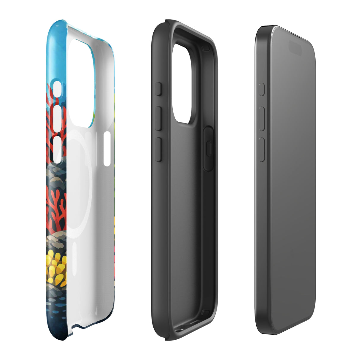 Side views of Magnetic Phone Case for iPhone with vibrant sea turtle and coral reef design showcasing its protective features.