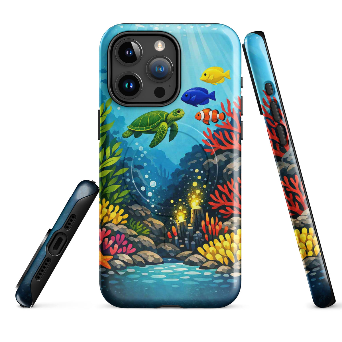 Magnetic Phone Case featuring a vibrant sea turtle and coral reef design, perfect for marine life lovers and ocean-themed device protection.