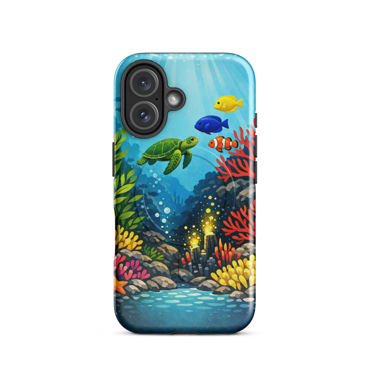 Magnetic Phone Case with vibrant sea turtle and coral reef design, perfect for marine life enthusiasts seeking stylish iPhone protection.