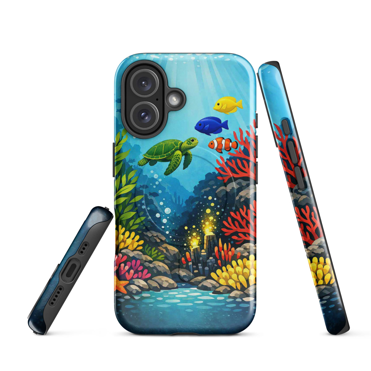 Magnetic Phone Case featuring vibrant sea turtle and coral reef design for iPhone, showcasing colorful marine life artwork.