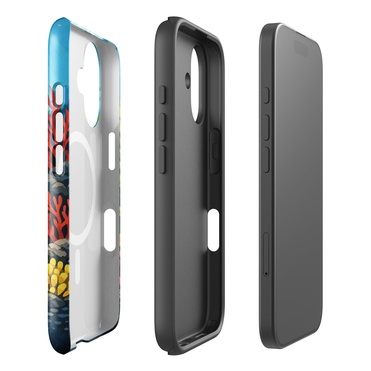 Magnetic Phone Case for iPhone featuring vibrant sea turtle and coral reef design, showcasing colorful oceanic art and phone protection.