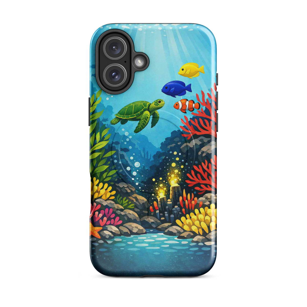 Magnetic Phone Case with vibrant sea turtle and coral reef design for iPhone, showcasing underwater artistry and marine life.