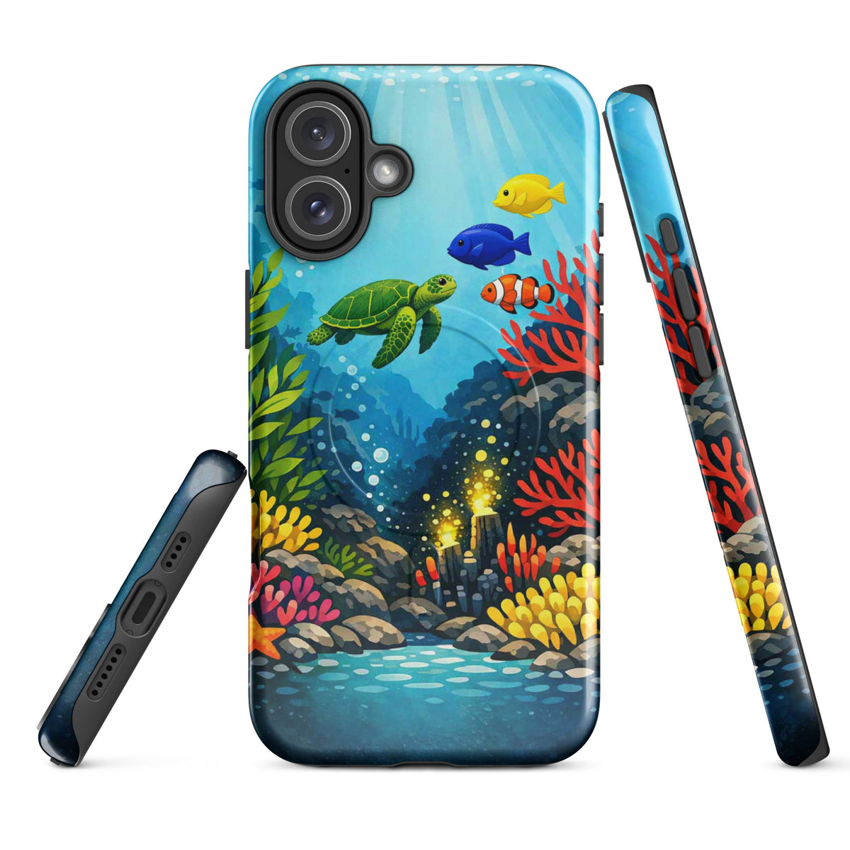 Magnetic Phone Case with vibrant sea turtle and coral reef design, perfect for marine life lovers seeking artistic and durable protection.