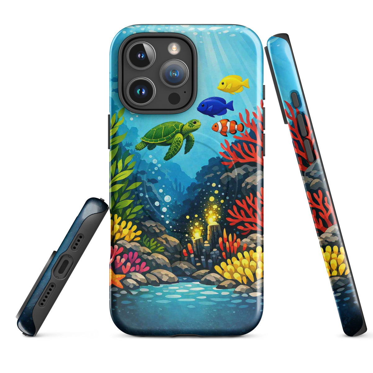 Magnetic Phone Case with sea turtle and coral reef design showcasing vibrant marine life for iPhone protection.