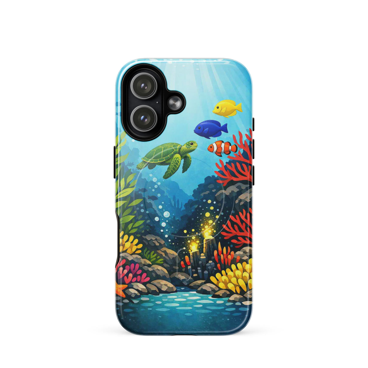 Magnetic Phone Case featuring a vibrant sea turtle and coral reef design, showcasing marine life artistry and colorful ocean scenery.